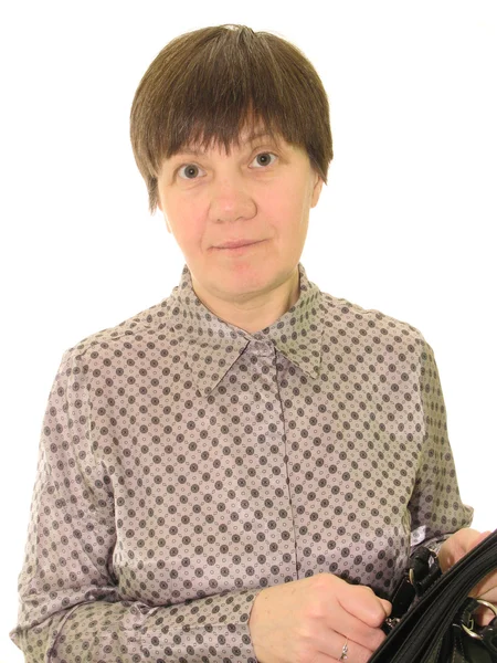 Frau mittleren Alters mit schwarzer Tasche auf weißem Hintergrund — Stockfoto