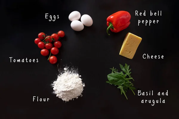 Ingredients Pizza Cheese Tomatoes Mushrooms Pepper Flour Basal Black Background — Stock Photo, Image