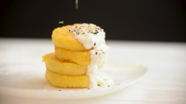 Sesame Seeds Sprinkled Polenta Cornmeal Pancakes Breakfast Colorful Pancakes Sour — Stock Video