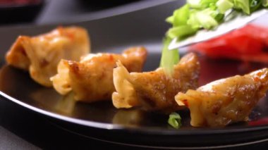Gyoza, Japon usulü kızarmış mantı. Servis edilmeden önce yeşil sebzelerle servis edilmiş. Yavaş Hareket.