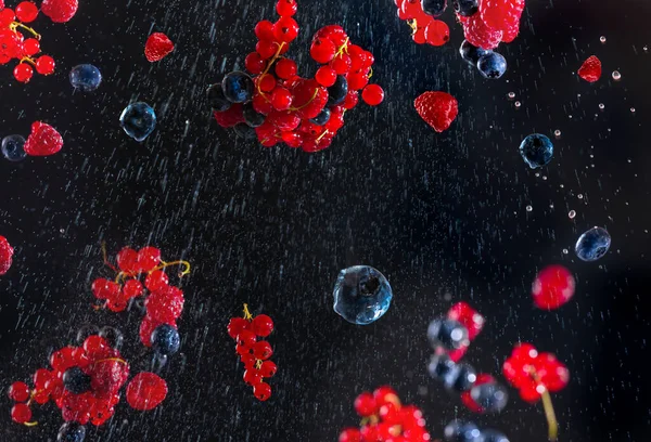 Fresh berries on a black blue background with water droplets flying in different directions. Many different berries in the form of a frame on a dark background. The concept of veganism and