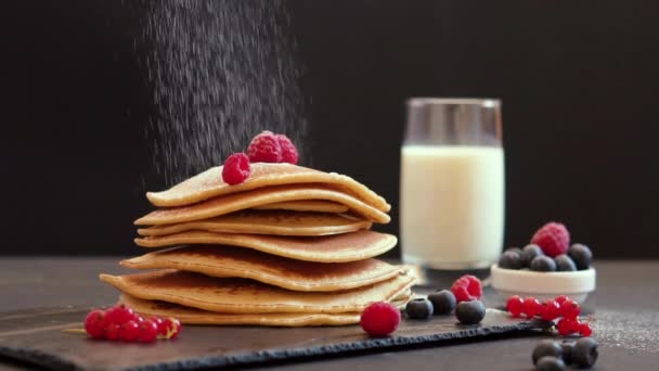 American Breakfast Dark Background Chef Sprinkles Powdered Sugar Pancake Pancakes — Video