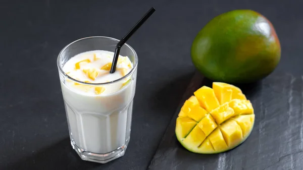Milk Drink Black Background Mango Classic Mango Milkshake Lassi Traditional — ストック写真