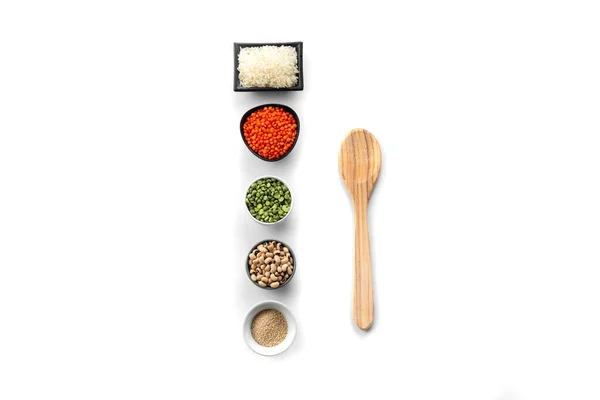 Ancient Grain Food Superfood Set Number Superfood Bowls White Background — Zdjęcie stockowe