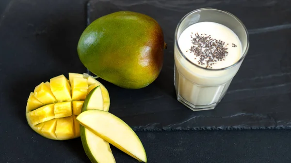 Milk Drink Black Background Mango Classic Mango Milkshake Lassi Traditional — Stock Photo, Image