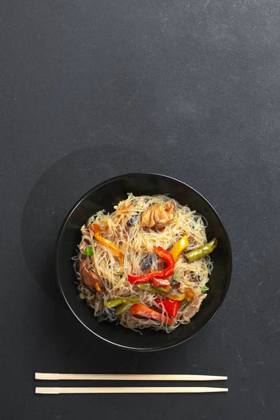 Glass Noodle Vegetable Black Bowl Grey Background Asian Food Asian — Φωτογραφία Αρχείου