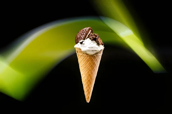 Homemade Cookies Cream Cone Ice Cream Dark Background Abstract Green — Fotografia de Stock