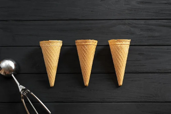 Three Waffle Cups Ice Cream Empty Black Wooden Background View — Fotografia de Stock