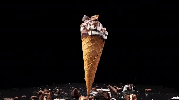 Ice Cream Cookies Chocolate Black Background Animation Ice Cream Eating — Wideo stockowe