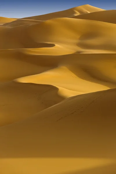 Libische woestijn. dichte goud stof, duinen en prachtige zandstrand structuren in het licht van de laagstaande zon. — Stockfoto