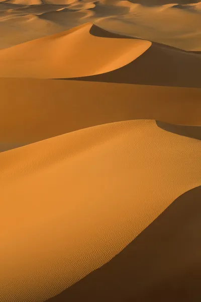 Libyjská poušť. husté zlatý prach, písečné duny a krásné písčité struktur s ohledem na nízké slunce. — Stock fotografie