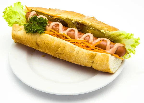 Hot Dog Sausage Bun White Plate — Stock Photo, Image