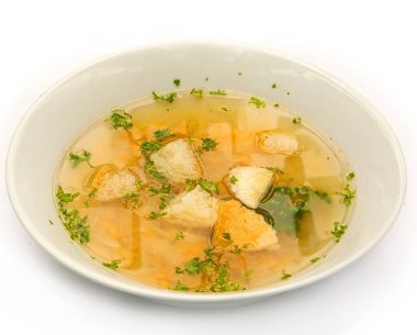 Kızarmış ekmek ve otlu çorba.