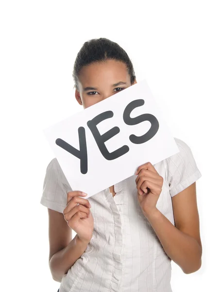 LOVELY GIRL HOLDING YES WORD BOARD — Stock Photo, Image