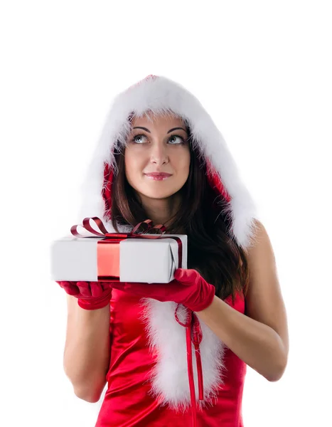 Santa helper girl with gift box — Stock Photo, Image