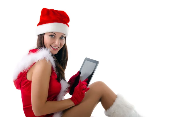 Santa helper girl with tablet pc — Stock Photo, Image