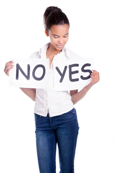 Lovely girl holding yes and no word board over white — Stock Photo, Image