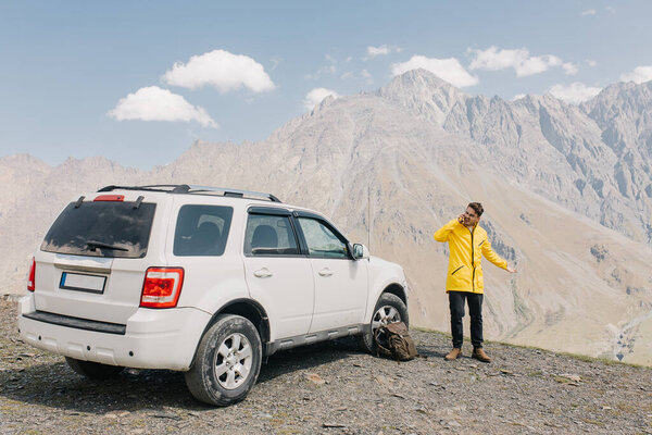 Traveler Backpack Talking Phone Adventure Hiking Distant Work Stock Picture