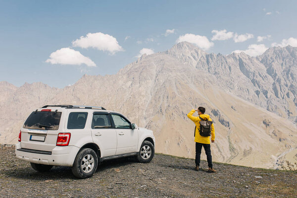 Hiker Backpack Admires Mountain View His All Terrain Car Suv Royalty Free Stock Images