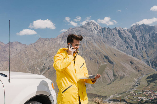 Traveler Backpack Talking Phone Adventure Hiking Distant Work Royalty Free Stock Photos