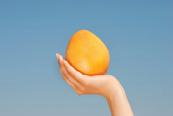 Toranja de maçã na mão da menina sobre o céu azul — Fotografia de Stock