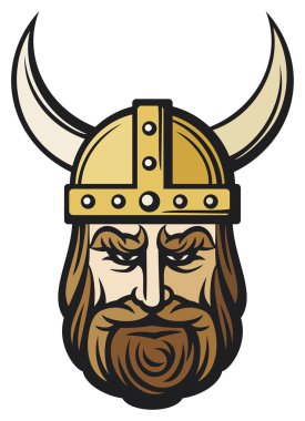 viking kafası (boynuzlu kask ile Viking maskotu karikatür, kask ile viking)