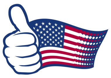 USA flag (United States of America). Hand showing thumbs up.