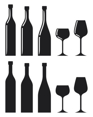şarap şişeleri ve cam siluet vektör