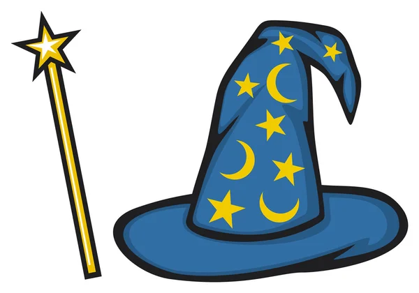 Chapéu do feiticeiro (chapéu de feiticeiro) e pau mágico — Vetor de Stock