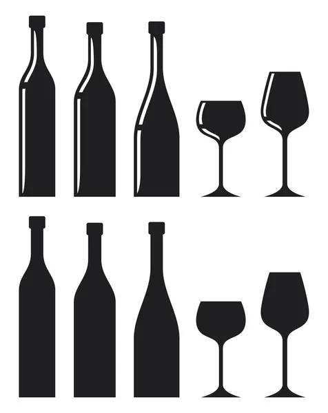 Ensemble de bouteilles de vin et vecteur de silhouette en verre — Image vectorielle