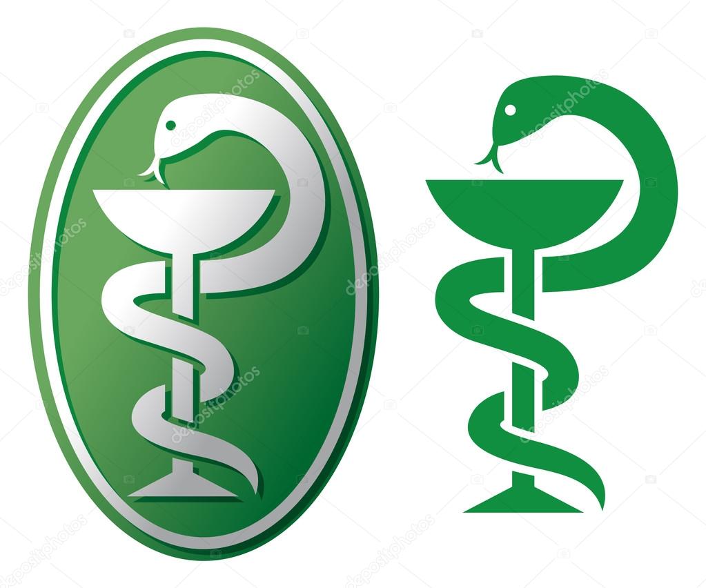 Emblem for drugstore or medicine, green medical sign, snake and a bowl, bowl of hygieia, symbol of pharmacy, pharmacy snake symbol