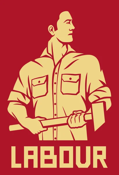 Pracovník drží kladivo (plakát pro pracovní den, mužský dělník s kladivem, dělníci konstrukce) — Stockový vektor