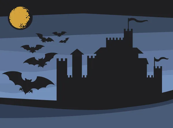 Morcegos voando ao luar e velho castelo — Vetor de Stock