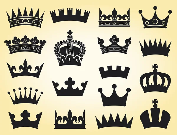 Crown collection (crown set, silhouette crown set) on yellow background — Stock Vector