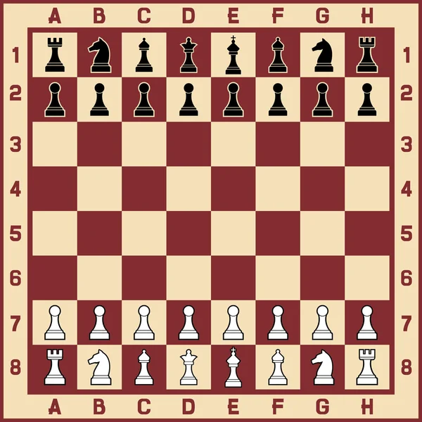 Table d'échecs avec des figures y compris roi, reine, tour, pion, chevalier et évêque — Image vectorielle