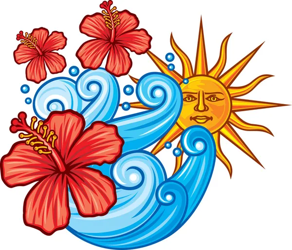 Όμορφη κόκκινος Ιβίσκος λουλούδι, κύμα στη θάλασσα και τον ήλιο — Διανυσματικό Αρχείο