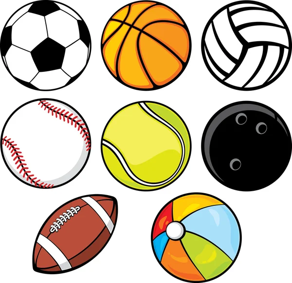 Коллекция мячей - пляжный мяч, теннисный мяч, американский футбольный мяч, футбольный мяч Векторная Графика