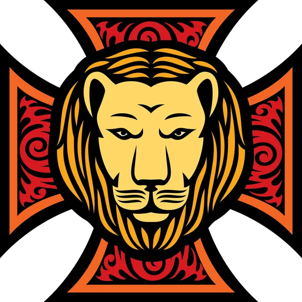 Leeuw hoofd en IJzeren Kruis in tatoeage stijl — Stockvector