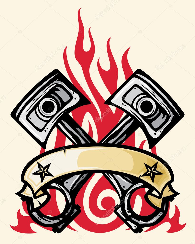 Crossed engine pistons, banner and flame tattoo design