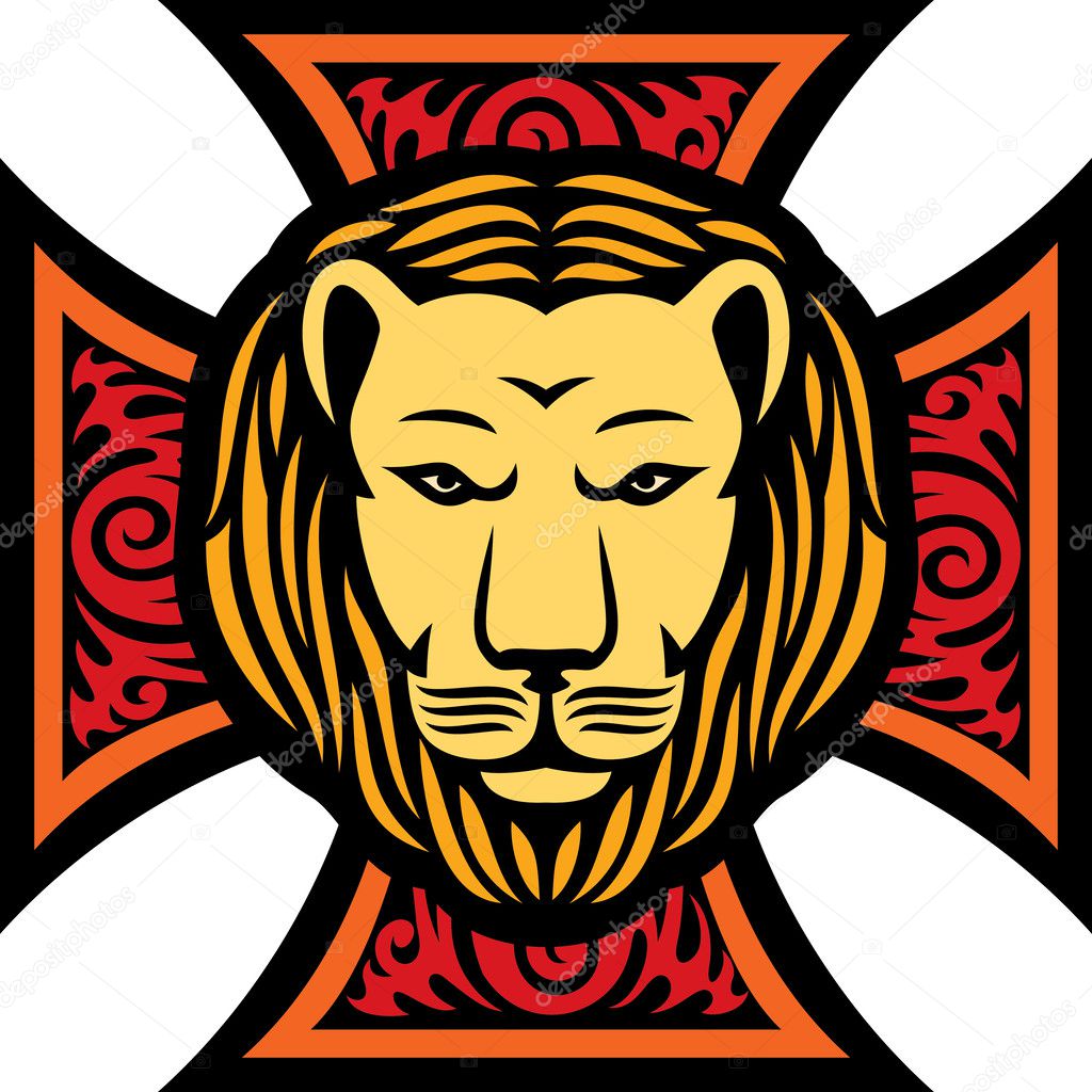 Lion head and iron cross in tattoo style