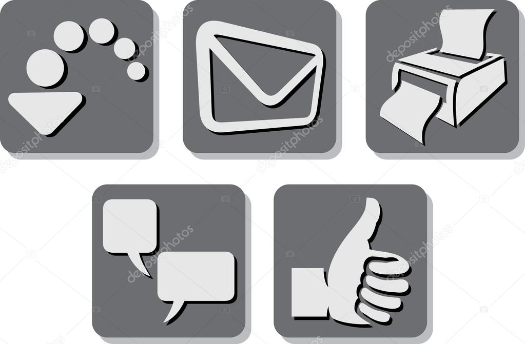 Printer icon, e-mail icon, thumb up icon, download icon, comment icon