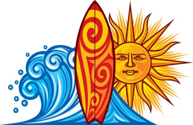 Surf tasarım (sörf tahtası illüstrasyon, sörf tahtası sembolü, sörf tahtası etiket, sörf işareti)