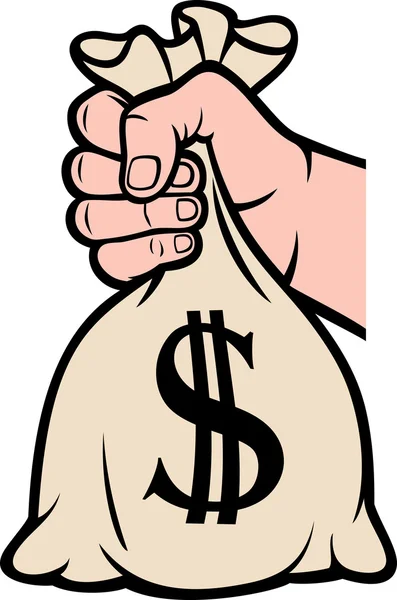 Main tenant sac d'argent avec signe dollar — Image vectorielle