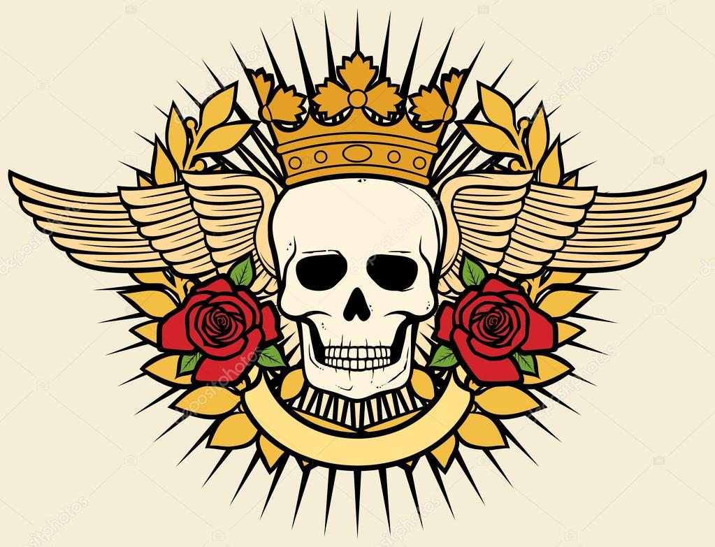 Símbolo de crânio - design de tatuagem de crânio (coroa, coroa de louro,  asas, rosas e banner ) Vetor de ©Tribaliumivanka 26979715, image size:1023x783