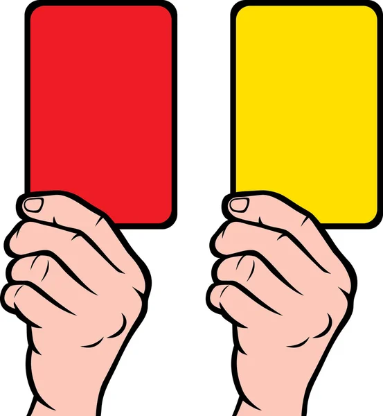Soccer referees hand with red and yellow card — Stock Vector