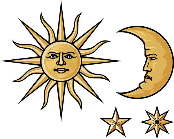 Sun, crescent moon and stars