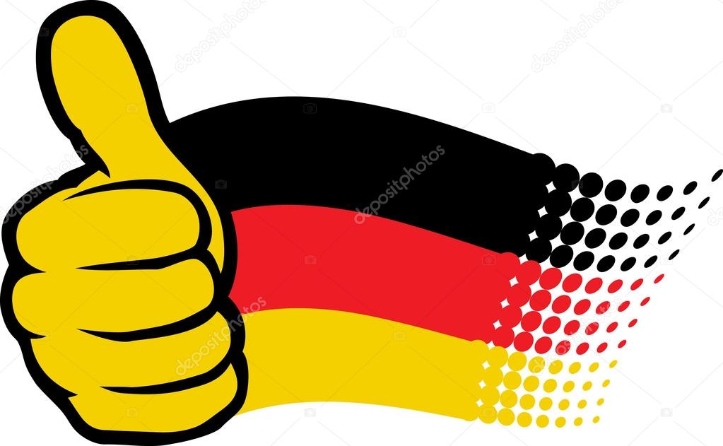 Germany flag. Hand showing thumbs up.