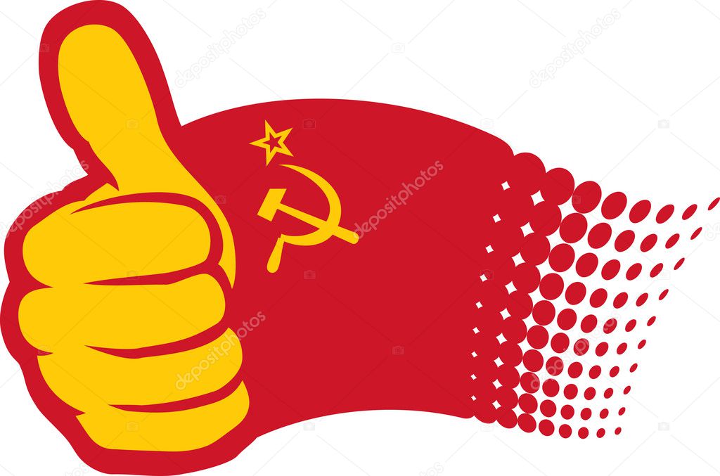 USSR flag. Hand showing thumbs up.