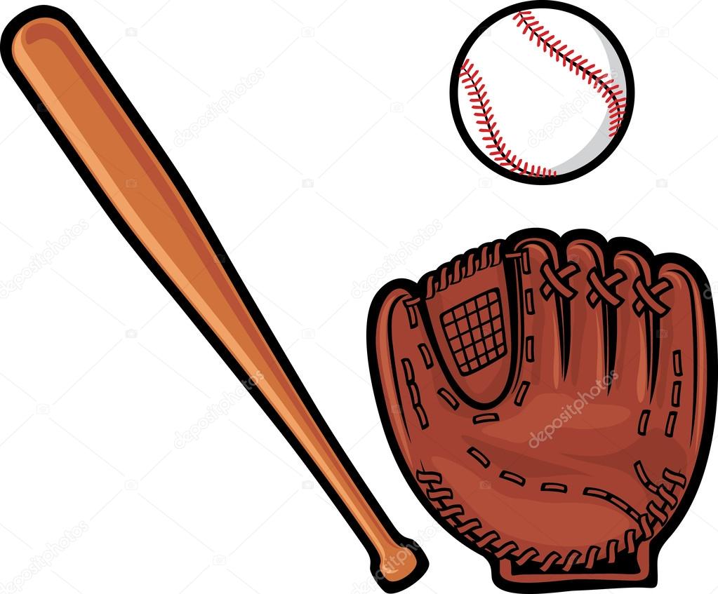 Baseball glove, ball and bat