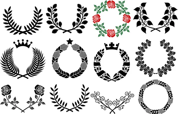 Wreath set (roses wreath, wreath collection, laurel wreath, wreath of wheat, oak wreath) — Stock Vector